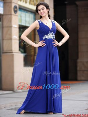 Blue Column/Sheath Chiffon V-neck Sleeveless Beading and Appliques and Ruching Floor Length Zipper Prom Dresses