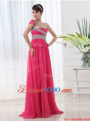 Elegant Hot Pink Chiffon Side Zipper One Shoulder Cap Sleeves With Train Womens Evening Dresses Brush Train Beading and Ruching