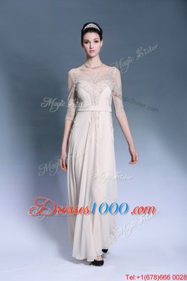 Flirting Pleated Column/Sheath Evening Dress Champagne Bateau Chiffon Short Sleeves Floor Length Zipper