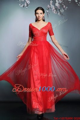 Sumptuous Sequins Red Zipper Short Sleeves Floor Length