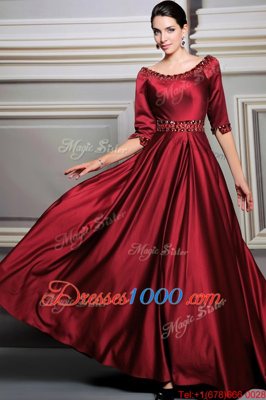 Red Zipper Bateau Beading and Belt Dress for Prom Satin Half Sleeves Brush Train