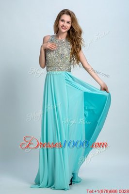 Scoop Sleeveless With Train Beading Backless with Aqua Blue Brush Train