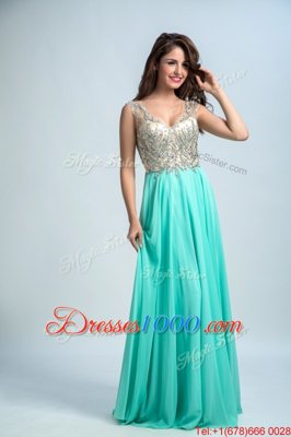 Cute Aqua Blue Empire Chiffon V-neck Sleeveless Beading and Appliques Floor Length Zipper Evening Dresses