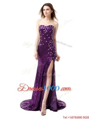 Mermaid Purple Sleeveless Sequined Brush Train Side Zipper Dress for Prom for Prom