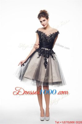 Best Scoop Cap Sleeves Knee Length Lace Zipper Womens Party Dresses with Black