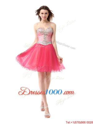 Coral Red Sleeveless Knee Length Beading Zipper Evening Outfits