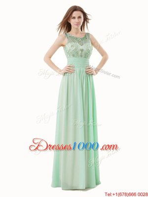 Lovely Scoop Floor Length Zipper Womens Evening Dresses Apple Green and In for Prom with Beading and Bowknot