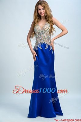 Floor Length Royal Blue Evening Outfits Chiffon Sleeveless Beading