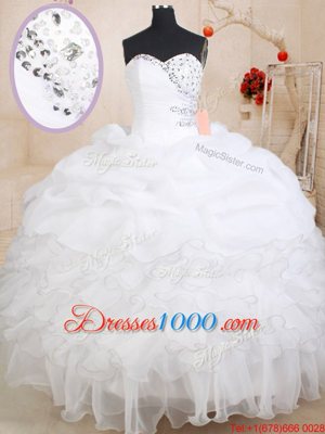 Pretty White Organza Zipper Sweetheart Sleeveless Floor Length 15 Quinceanera Dress Beading and Ruffles and Pick Ups