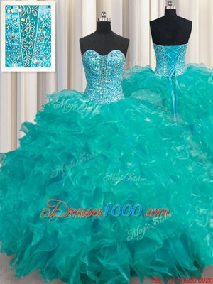 Custom Designed Turquoise Ball Gowns Organza Sweetheart Sleeveless Beading and Ruffles Floor Length Lace Up Sweet 16 Dress