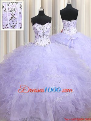 Graceful Sweetheart Sleeveless Quinceanera Gowns Floor Length Beading and Ruffles Lavender Tulle