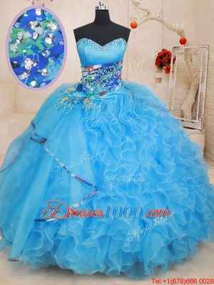 Fine Floor Length Lace Up Sweet 16 Dresses Baby Blue and In for Military Ball and Sweet 16 and Quinceanera with Beading and Ruffles and Pattern