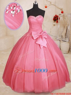 Delicate Tulle Sweetheart Sleeveless Lace Up Beading and Bowknot 15 Quinceanera Dress in Pink