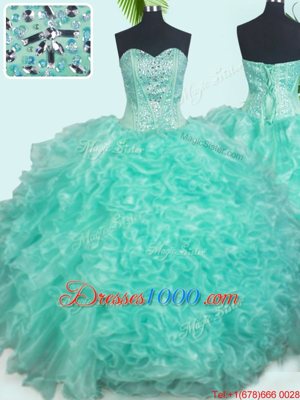 Hot Sale Sweetheart Sleeveless Lace Up Quinceanera Dress Turquoise Organza