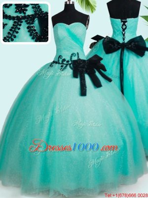 Wonderful Turquoise Tulle Lace Up Sweetheart Sleeveless Floor Length Quinceanera Gown Beading and Bowknot