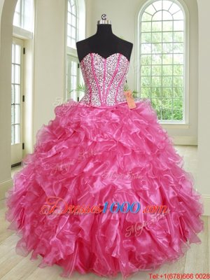 Ball Gowns Quinceanera Dresses Hot Pink Sweetheart Organza Sleeveless Floor Length Lace Up