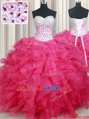 Fantastic Hot Pink Ball Gowns Organza Sweetheart Sleeveless Beading and Ruffles Floor Length Lace Up Sweet 16 Quinceanera Dress