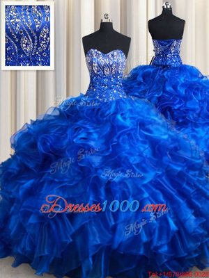 Luxurious Royal Blue Sweet 16 Dresses Military Ball and Sweet 16 and Quinceanera and For with Beading and Ruffles Sweetheart Sleeveless Brush Train Lace Up