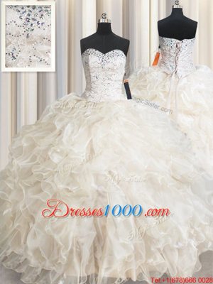 Custom Design Ball Gowns Sweet 16 Dresses Champagne Sweetheart Organza Sleeveless Floor Length Lace Up