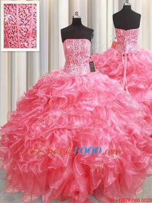 Decent Pink Sweet 16 Quinceanera Dress Military Ball and Sweet 16 and Quinceanera and For with Beading and Ruffles Strapless Sleeveless Lace Up