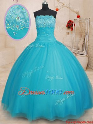 Beautiful Scalloped Aqua Blue Sleeveless Floor Length Beading Lace Up Ball Gown Prom Dress