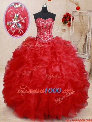 Pretty Floor Length Lace Up Sweet 16 Dress Red and In for Military Ball and Sweet 16 and Quinceanera with Beading and Ruffles
