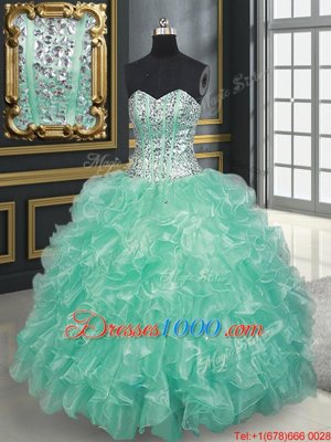 Sweetheart Sleeveless Organza Quince Ball Gowns Beading and Ruffles Lace Up