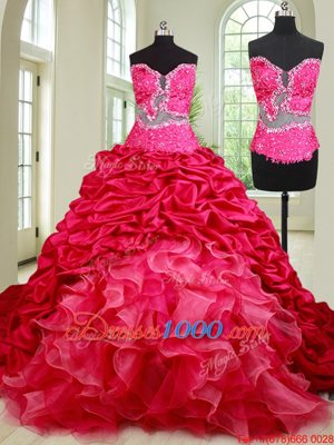 Vintage See Through Coral Red Sweetheart Lace Up Beading and Ruffles and Pick Ups Quinceanera Gown Chapel Train Sleeveless