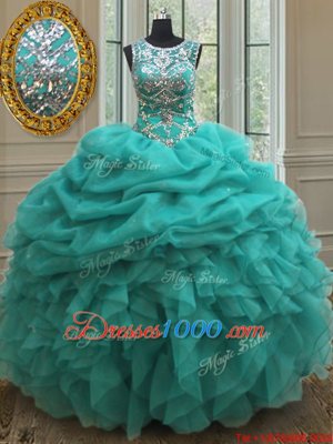 Custom Designed Pick Ups See Through Floor Length Turquoise Quinceanera Dresses Scoop Sleeveless Lace Up
