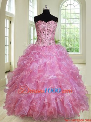 Shining Organza Sweetheart Sleeveless Lace Up Beading and Ruffles Quince Ball Gowns in Multi-color
