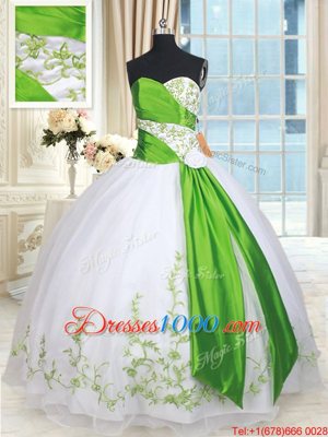 White and Green Lace Up Quinceanera Gowns Embroidery and Belt and Hand Made Flower Sleeveless Floor Length