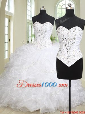 Sweetheart Sleeveless Brush Train Lace Up Quinceanera Gown White Organza