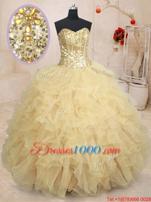 Sleeveless Lace Up Floor Length Beading and Ruffles and Sequins Ball Gown Prom Dress
