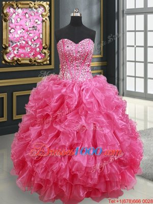 Hot Pink Organza Lace Up Sweetheart Sleeveless Floor Length Vestidos de Quinceanera Beading and Ruffles