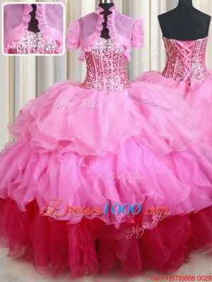 Sequins Ball Gowns Quinceanera Dresses Rose Pink Sweetheart Organza Sleeveless Floor Length Lace Up