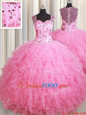 Straps Straps Beading and Ruffles Ball Gown Prom Dress Rose Pink Zipper Sleeveless Floor Length
