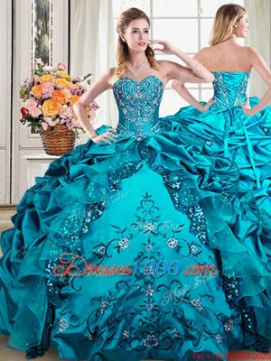 Pick Ups Teal Sleeveless Organza and Taffeta Lace Up Sweet 16 Dress for Military Ball and Sweet 16 and Quinceanera