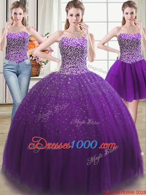 Three Piece Beading Sweet 16 Dresses Purple Lace Up Sleeveless Floor Length