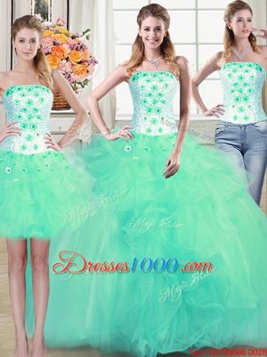 Hot Selling Three Piece Turquoise Ball Gowns Tulle Strapless Sleeveless Beading and Appliques and Ruffles Floor Length Lace Up Vestidos de Quinceanera