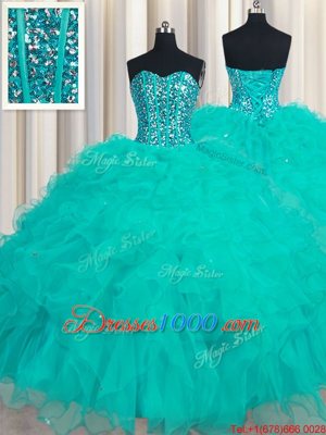 Elegant Floor Length Turquoise Sweet 16 Quinceanera Dress Organza Sleeveless Beading and Ruffles