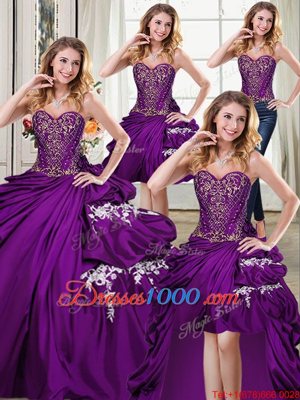Four Piece Pick Ups Ball Gowns Vestidos de Quinceanera Purple Sweetheart Taffeta Sleeveless Floor Length Lace Up