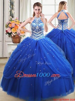 Royal Blue Halter Top Neckline Beading and Pick Ups Quinceanera Gowns Sleeveless Lace Up
