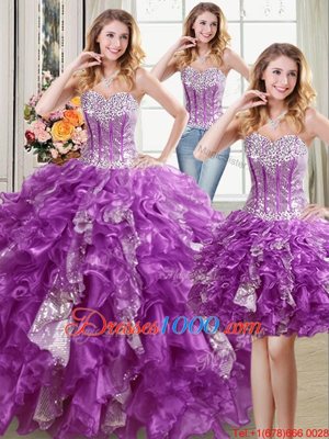 Chic Three Piece Sweetheart Sleeveless Quince Ball Gowns Floor Length Beading and Ruffles and Sequins Purple Organza