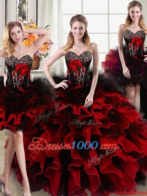 Four Piece Floor Length Lace Up 15th Birthday Dress Black and Red and In for Military Ball and Sweet 16 and Quinceanera with Beading and Ruffles and Hand Made Flower