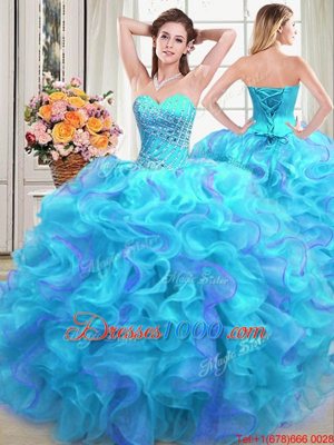 Fashionable Sweetheart Sleeveless Sweet 16 Quinceanera Dress Floor Length Beading and Ruffles Multi-color Organza