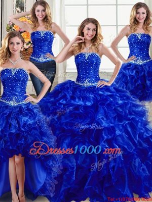 Four Piece Organza Sleeveless Floor Length Quinceanera Gowns and Beading and Ruffles