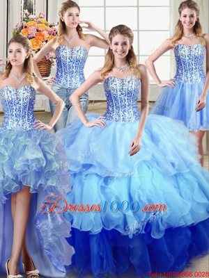 Ideal Four Piece Multi-color Ball Gowns Ruffles and Sequins Quinceanera Gown Lace Up Organza Sleeveless Floor Length