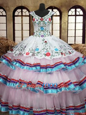Glamorous White Ball Gown Prom Dress Military Ball and Sweet 16 and Quinceanera and For with Embroidery and Ruffled Layers Straps Sleeveless Lace Up