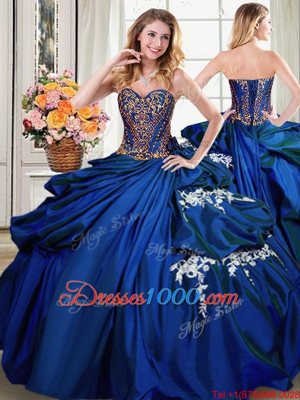 Sleeveless Taffeta Floor Length Lace Up Quince Ball Gowns in Royal Blue for with Beading and Appliques and Pick Ups