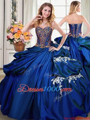 Sleeveless Taffeta Floor Length Lace Up Quince Ball Gowns in Royal Blue for with Beading and Appliques and Pick Ups